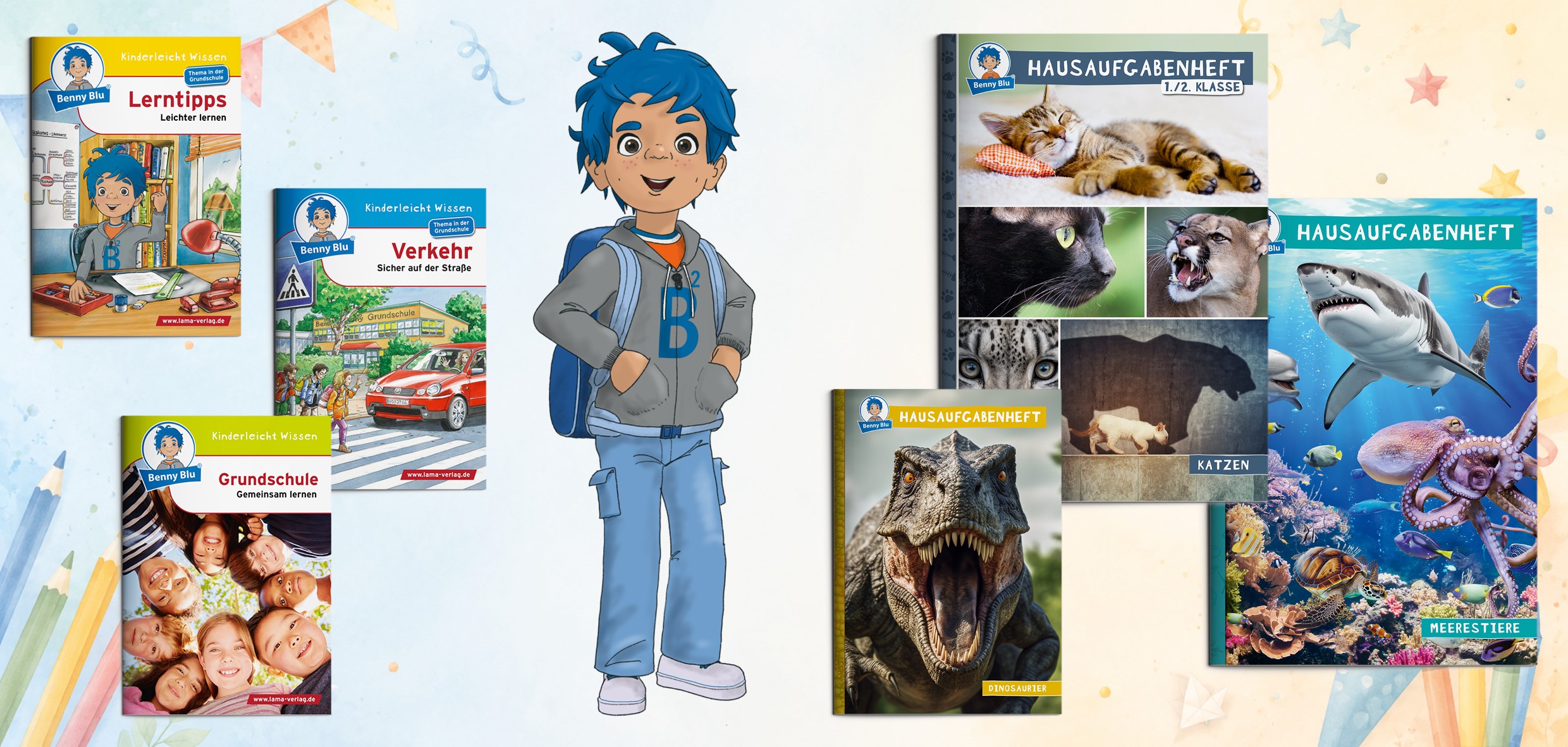 5 × Hausaufgaben‑Organizer + 3 Benny Blu‑Bücher