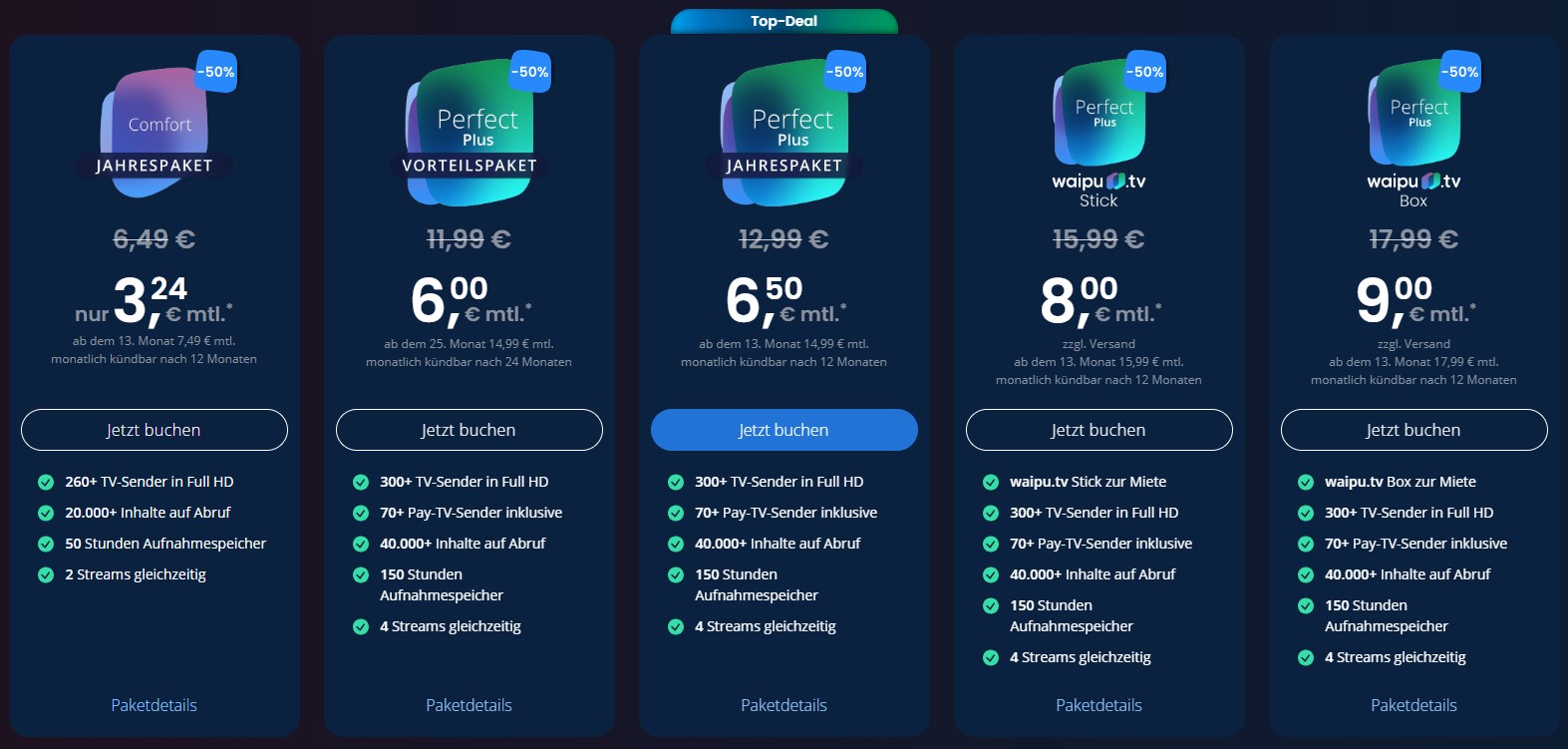 bei waipu.tv die stärkste Ansage seit Langem – vor allem bei den Kombipaketen, wo Live-TV und ein kompletter Streamingdienst zusammen weniger kosten als der Streamingdienst allein