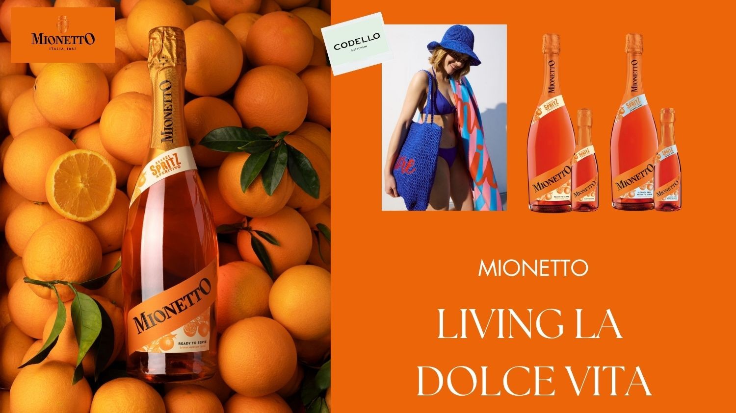 eines von 3 Sets mit je 6 Flaschen MIONETTO Orange Spritz Aperitivo Ready-to-Serve sowie einem CODELLO Gutschein im Wert von 50 €