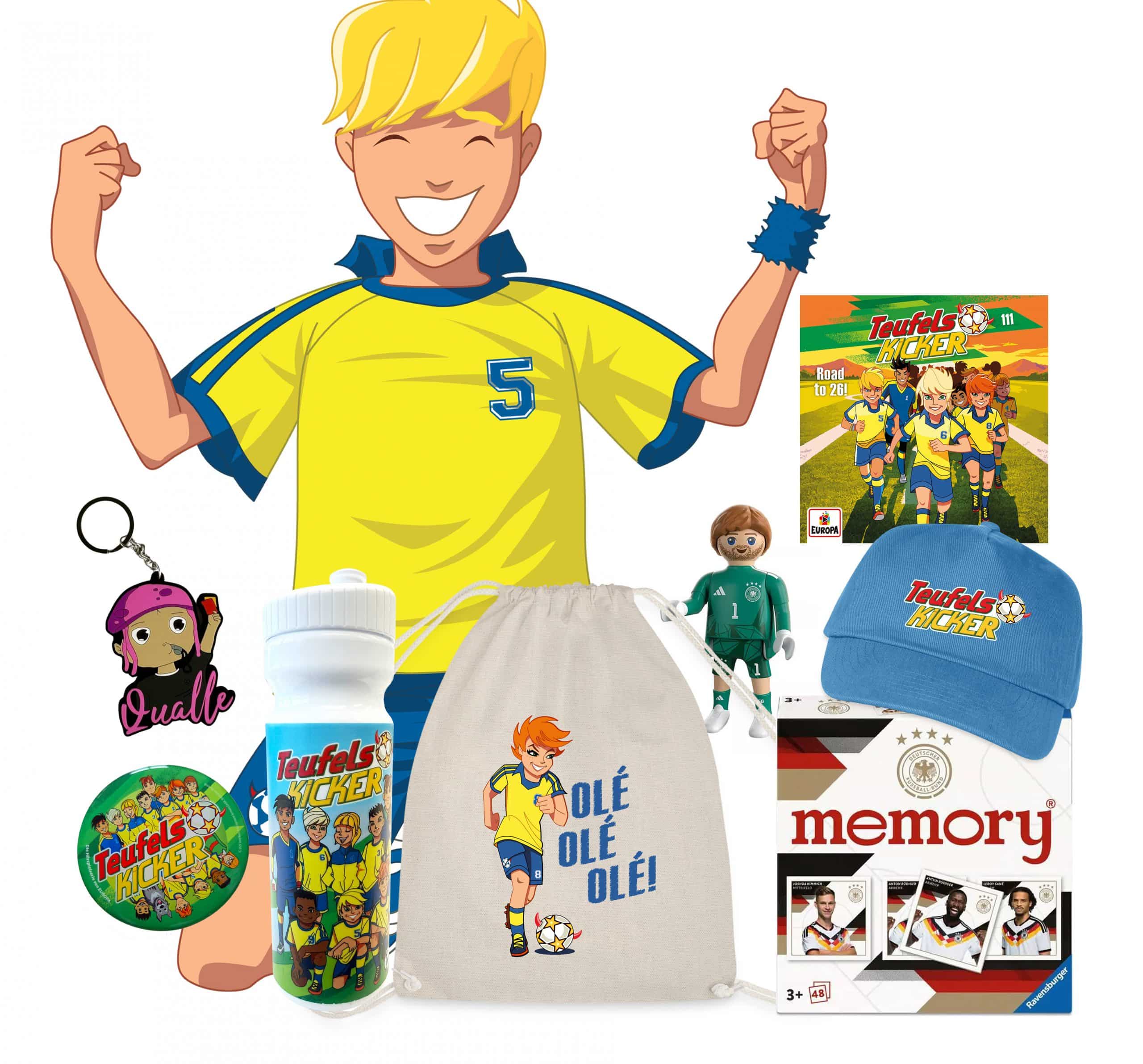 zwei große Fußball-Sets inklusive dem brandneuen Hörspiel auf CD, einem offiziellen mini memory® der DFB-Nationalmannschaft und jeder Menge weiterer Preise