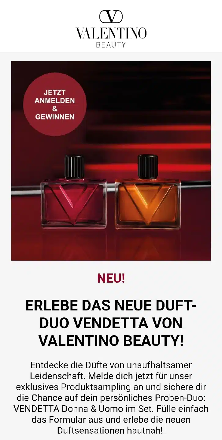 Gratis Proben von Valentino VENDETTA Donna & Uomo im Set (Gewinnspiel)