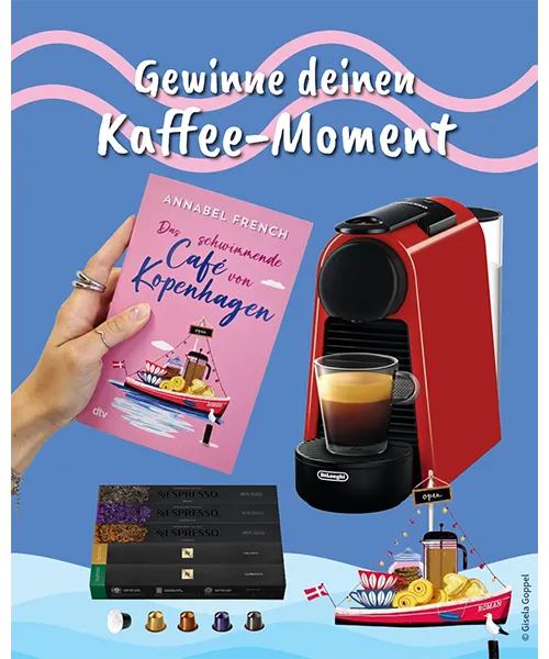 Eine rote De Longi Essenza Mini Kaffeemaschine mit 50 Nespresso Kaffeekapseln im Wert von ca. 120 Euro sowie eine Taschenbuchausgabe von ›Das schwimmende Café von Kopenhagen‹