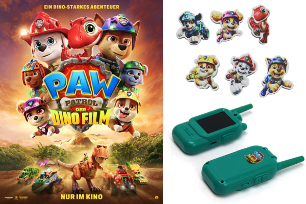 anlässlich des Kinostarts von "Paw Patrol: Der Dino Film" drei Paw-Patrol-Sets, jeweils bestehend aus Walkie Talkie und Eraser Set