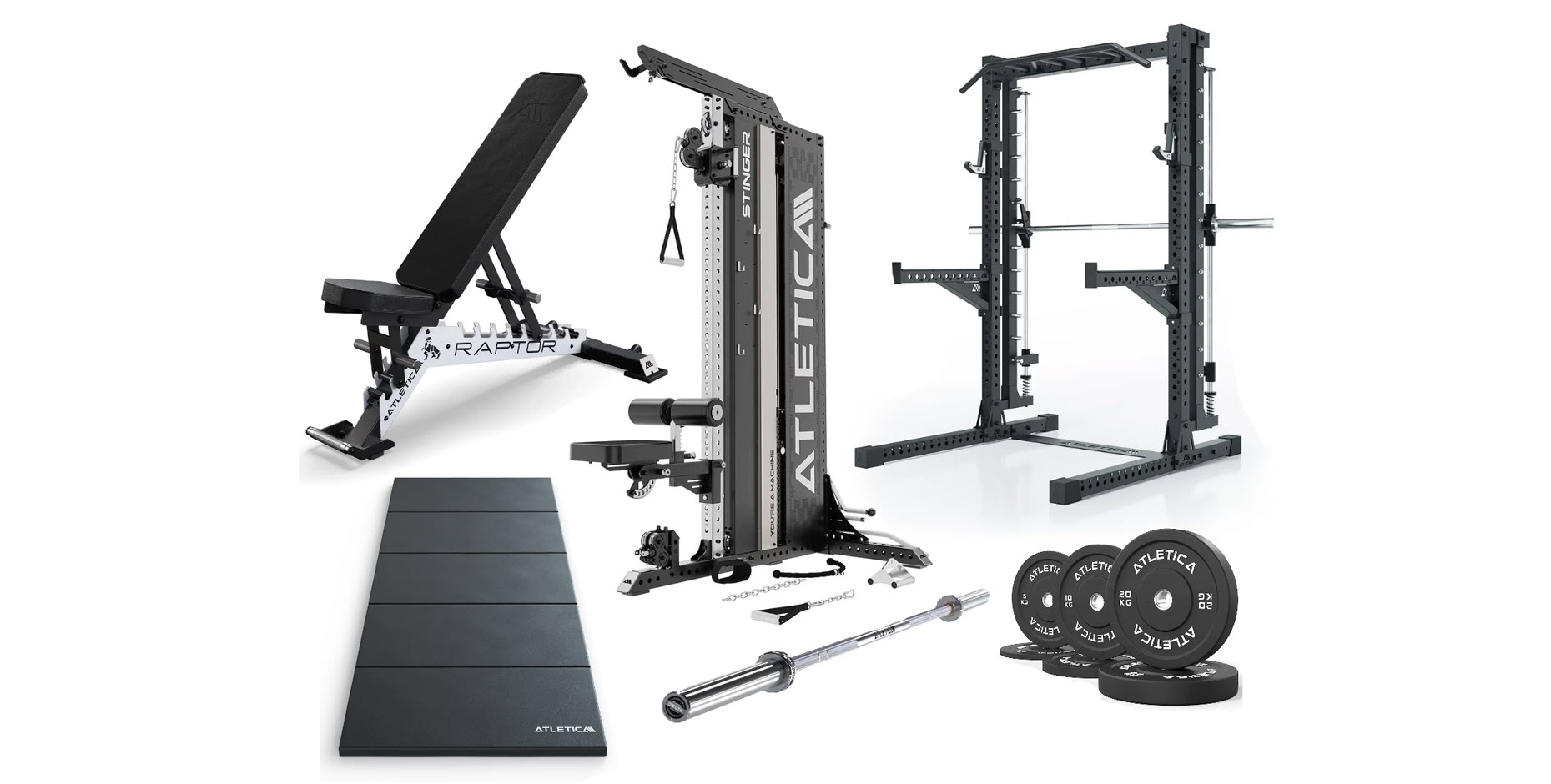 Eine vollständige Langhantel-Station: Das R7 Saber Power Rack (223 cm Höhe) mit integrierter Multipresse, ergänzt durch die Delta Hybrid Langhantel und ein 70-kg-Bumper-Plates-Set