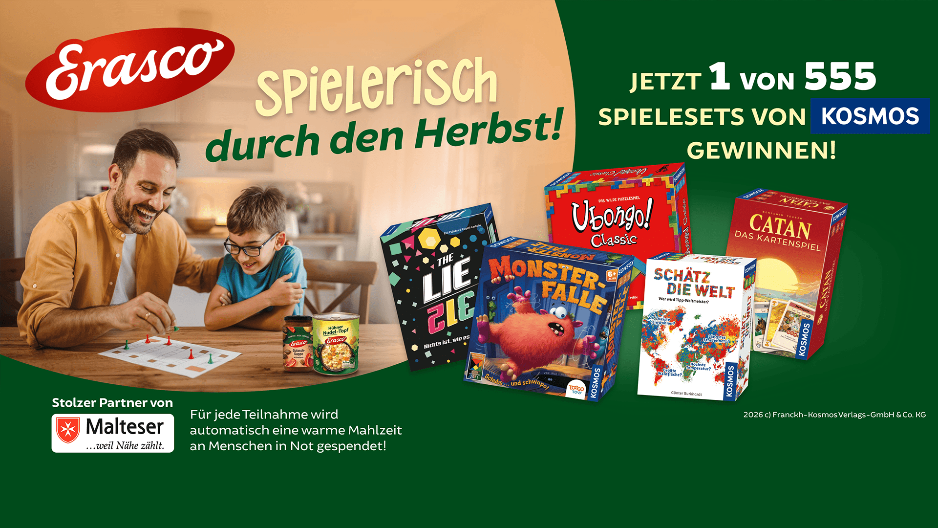 ein Kosmos Spieleset mit Ubongo, Catan Kartenspiel, Monsterfalle, The Lie 123 und Schätz die Welt