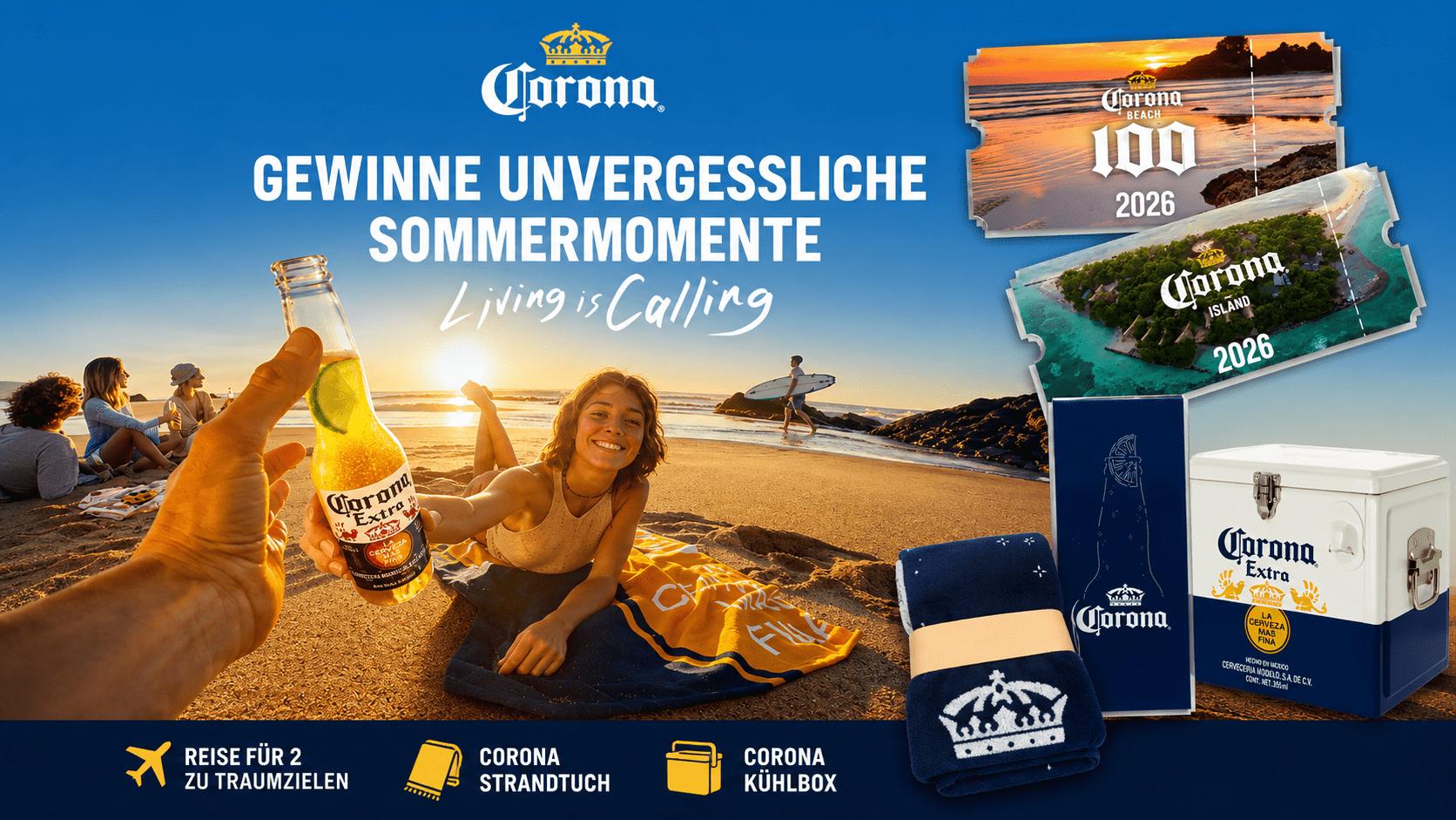 eine Reise für zwei Personen auf die Corona Island in Kolumbien, Reisegutscheine für europäische Corona-Paradiese, Corona-Handtücher, Corona-Kühlboxen oder TripAdvisor-Gutscheine