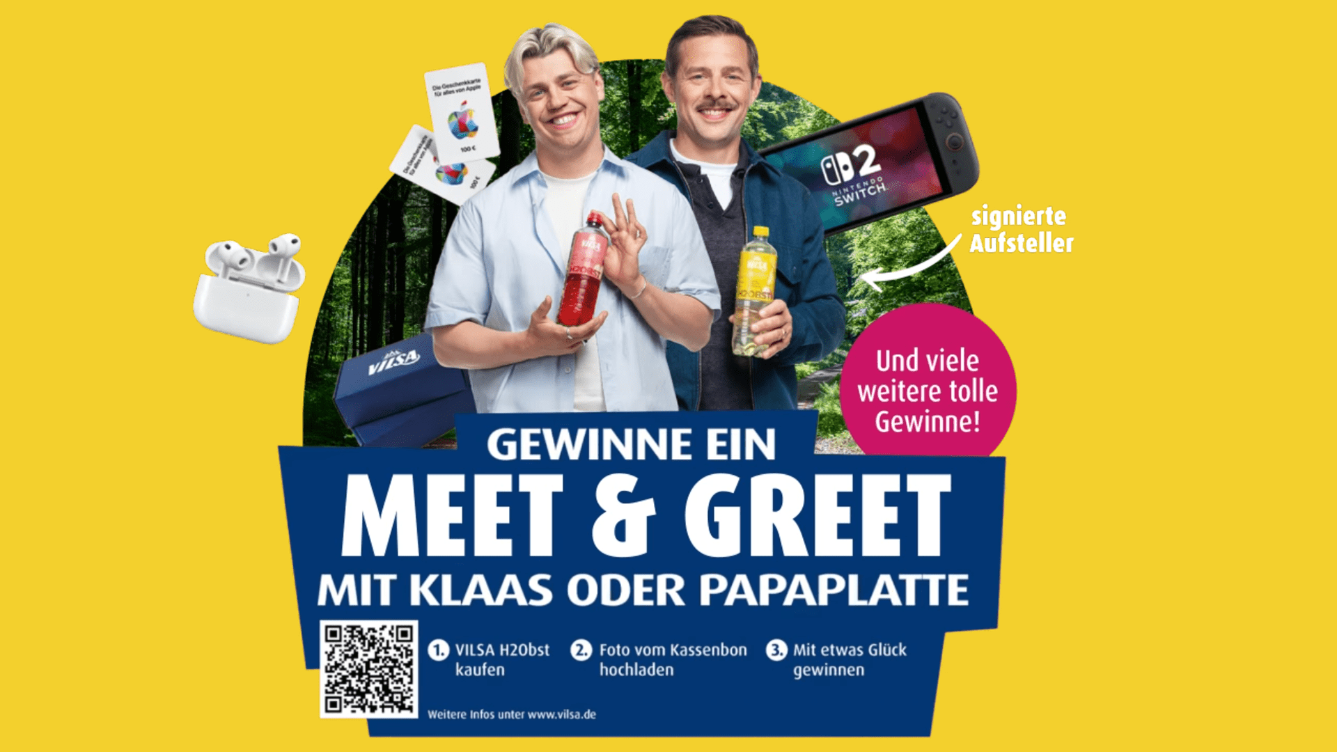VILSA H2Obst Gewinnspiel – Meet & Greet mit Klaas oder Papaplatte, Nintendo Switch 2, Apple Gutscheine und mehr