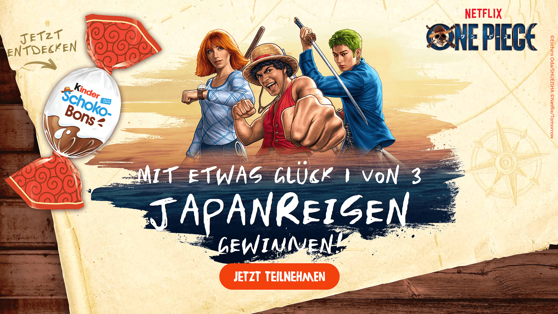 es drei Reisegutscheine im Wert von jeweils 10.000 € sowie 555 One Piece Fanboxen