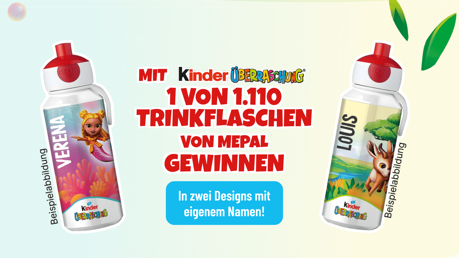 es 1.110 Trinkflaschen von kinder Überraschung, jeweils 555 im Mermaids-Design und 555 im Natoons-Design