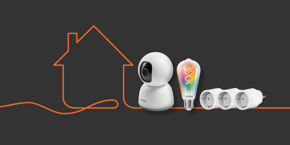 zwei Smart-Home-Pakete bestehend aus: einer multicolor LED Lampe, drei Indoor-Steckdosen mit Matter-Technologie und einer smarten Indoor Kamera – im Gesamtwert von über 300 €