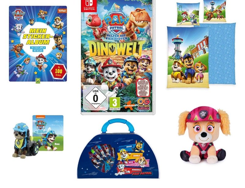 sechs Fanartikel zum Nintendo-Spiel "PAW Patrol™: Dinowelt"