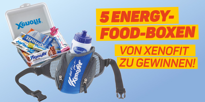 fünf Energy-Food-Boxen mit jeweils einer Xenofit-Testbox sowie einem Trinkgürtel