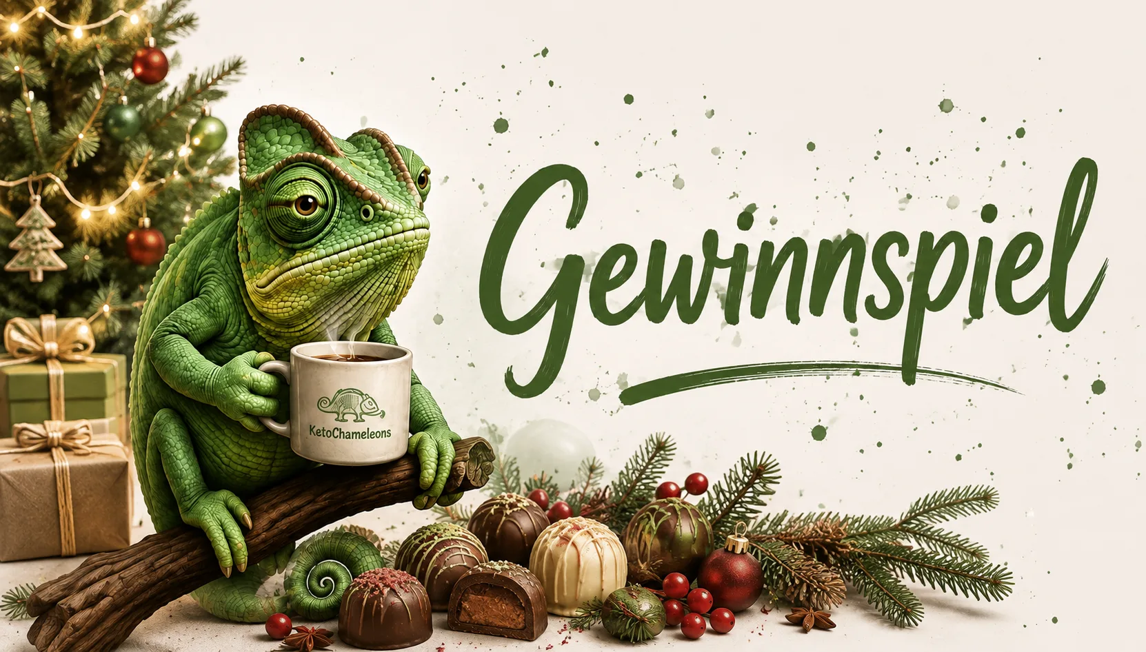eine Schachtel komplett handgemachte Pralinen, Kakaoschalentee, ein Fläschchen Sirup und eine kleine Überraschung