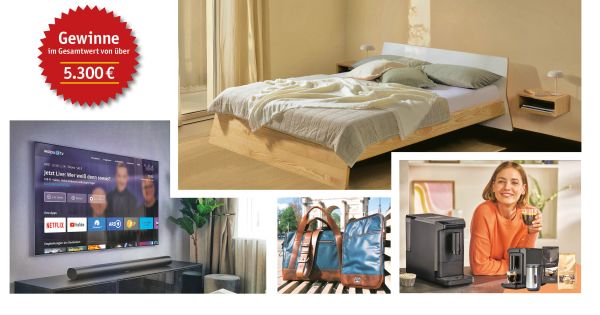 Möbel-Gutscheine von Ellenberger, Kaffee-Vollautomaten-Sets von Tchibo, TV-Premium-Jahrespakete von waipu.tv sowie Upcycling-Officetaschen von Kurzzug