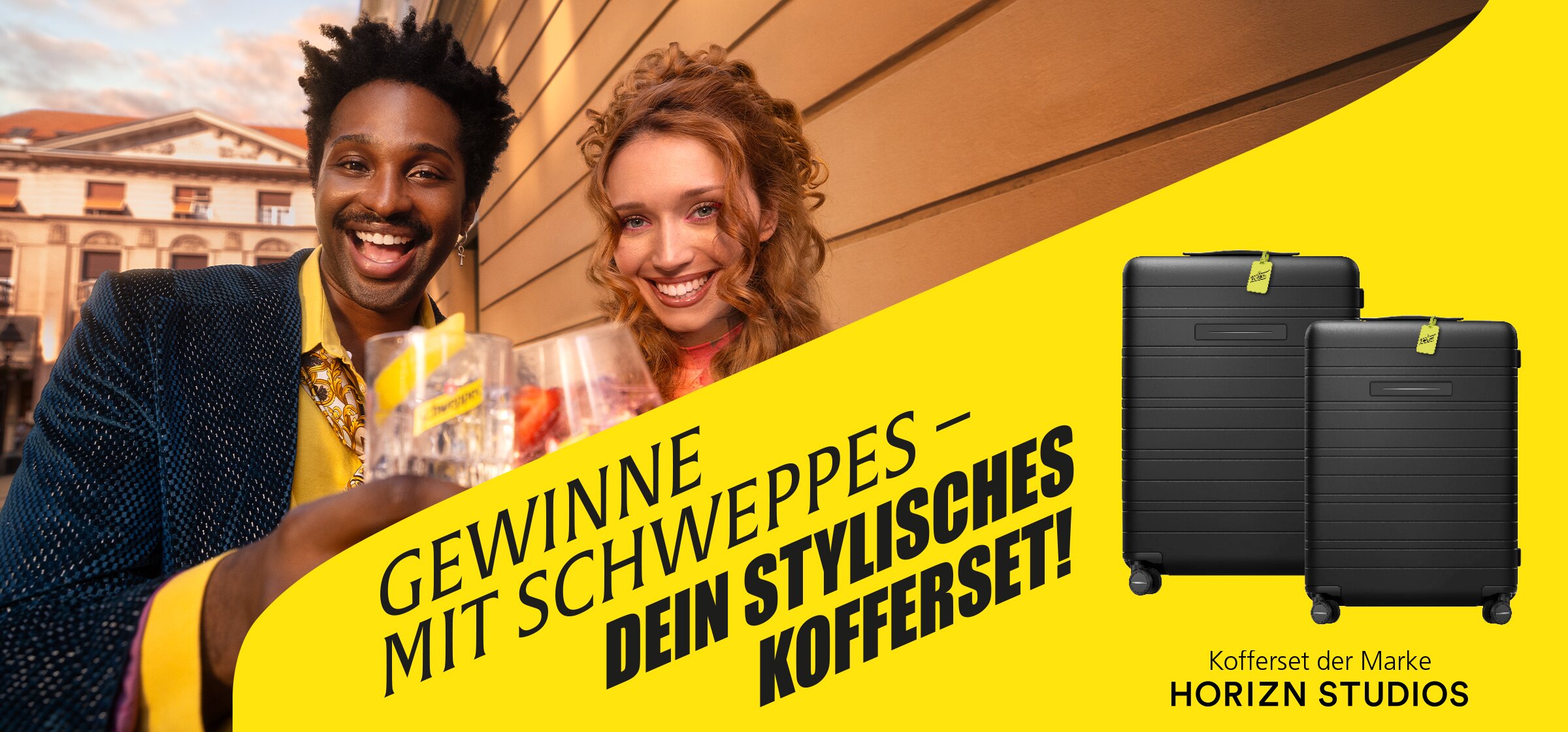 Einer einzigartigen Reise zu verbinden? Jetzt hast du die Chance, mit Schweppes einen stylisches Kofferset zu