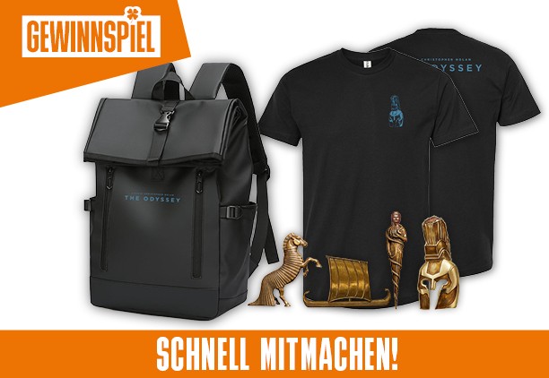 ein exklusives DIE ODYSSEE-Fanpaket mit T-Shirt, Pin und Rucksack
