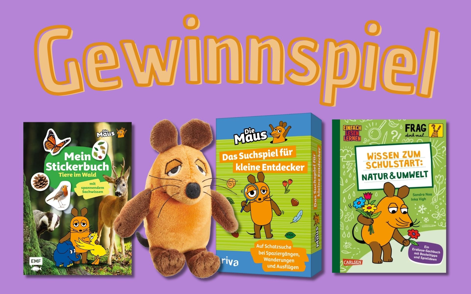 1 × Stickerbuch "Die Sendung mit der Maus – Mein Stickerbuch: Tiere im Wald"1 × Suchspiel "Die Maus – das Suchspiel für kleine Entdecker"1 × Wissensbuch "Frag doch mal … die Maus: Wissen zum Schulstart – Natur und Umwelt"1 × Plüschmaus 12 cm "Die Maus"